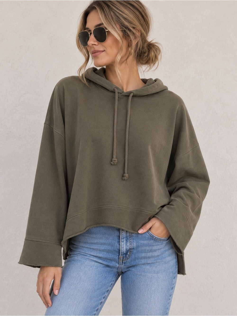 Zara Trafaluc Olive Green Oversized High Low Raw Hem Hoodie Size L
